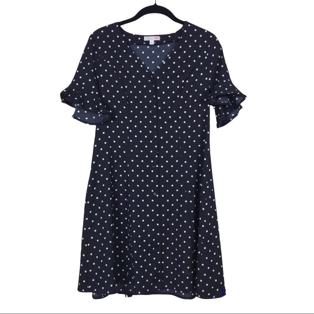 Gianni Bini Black Polka Dot Flare Sleeve Button Front Tie Back Dress Size S